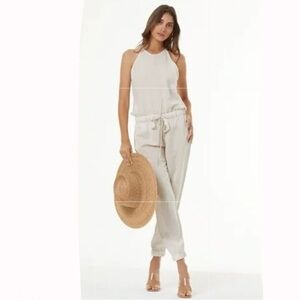 🔥 Young Fabulous & Broke sea salt tan linen blend Diego jumpsuit Sm
